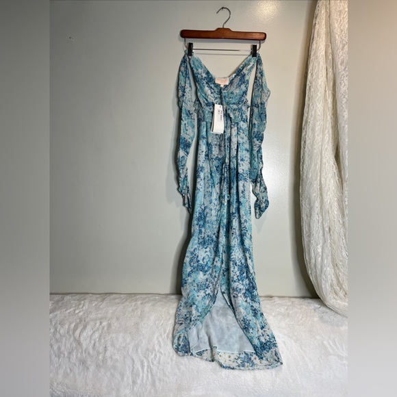 Rococo Sand Metallic Dots Off cold shoulder Ruffles Ruched Midi slit Dress S